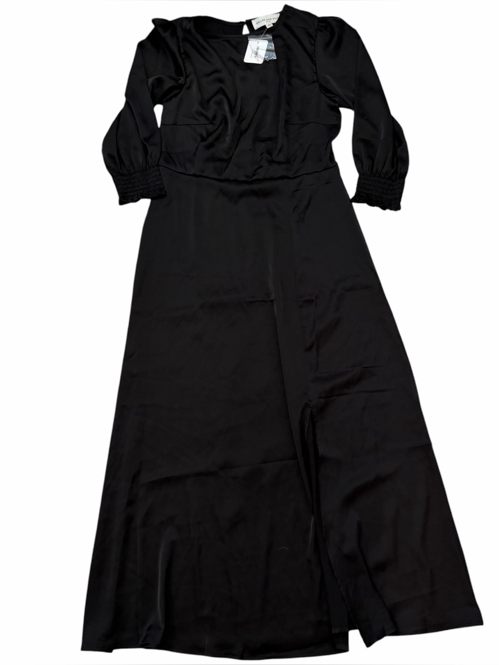 NWT Brass & Roe Black Maxi Dress with Smocked Cuffs